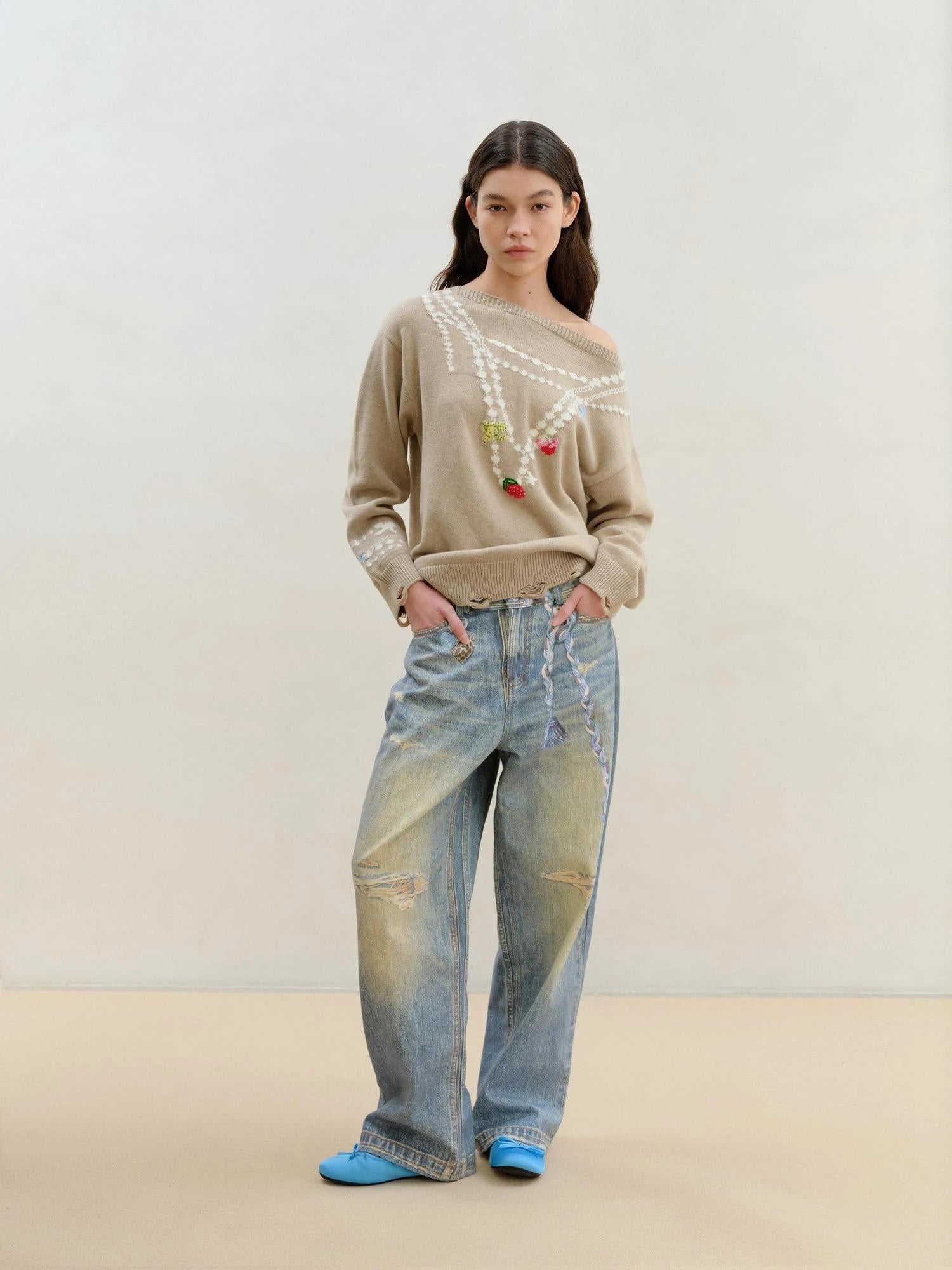 Wool Pearl Neckline Two Way Slip Shoulder Sweater