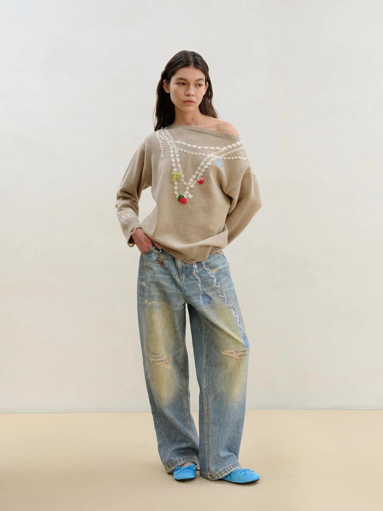 Wool Pearl Neckline Two Way Slip Shoulder Sweater