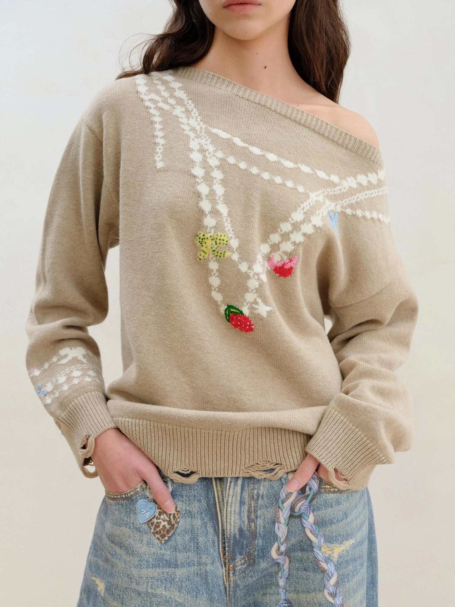 Wool Pearl Neckline Two Way Slip Shoulder Sweater