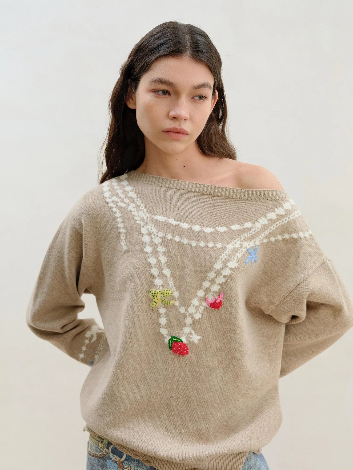 Wool Pearl Neckline Two Way Slip Shoulder Sweater
