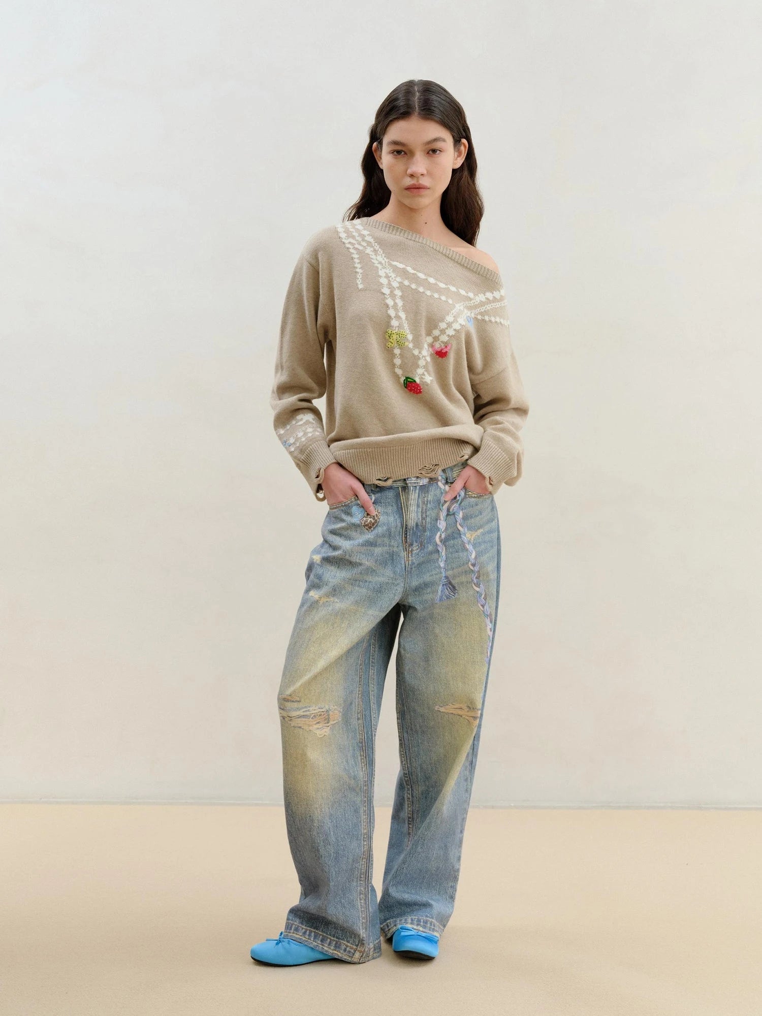 Wool Pearl Neckline Two Way Slip Shoulder Sweater