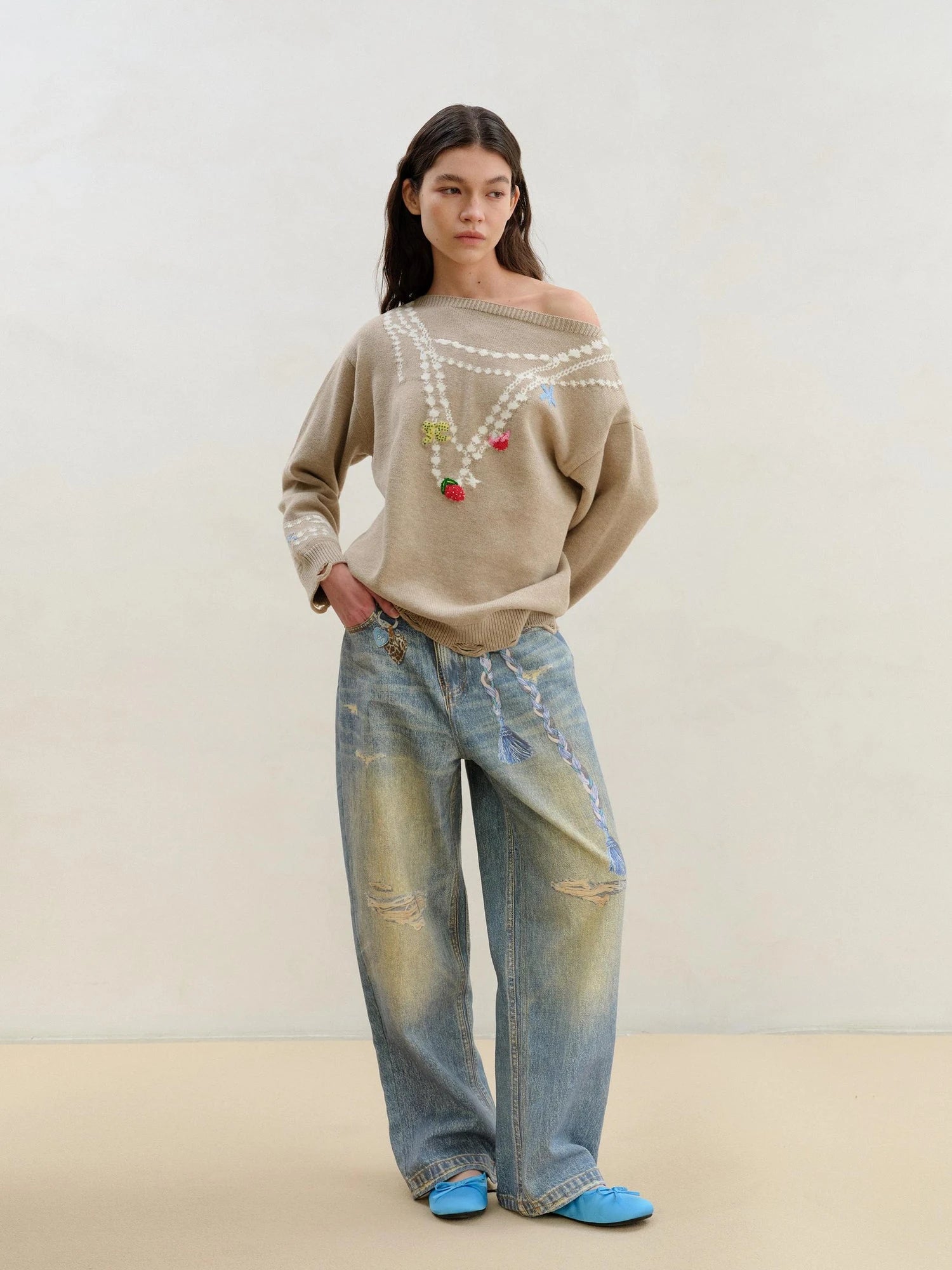Wool Pearl Neckline Two Way Slip Shoulder Sweater