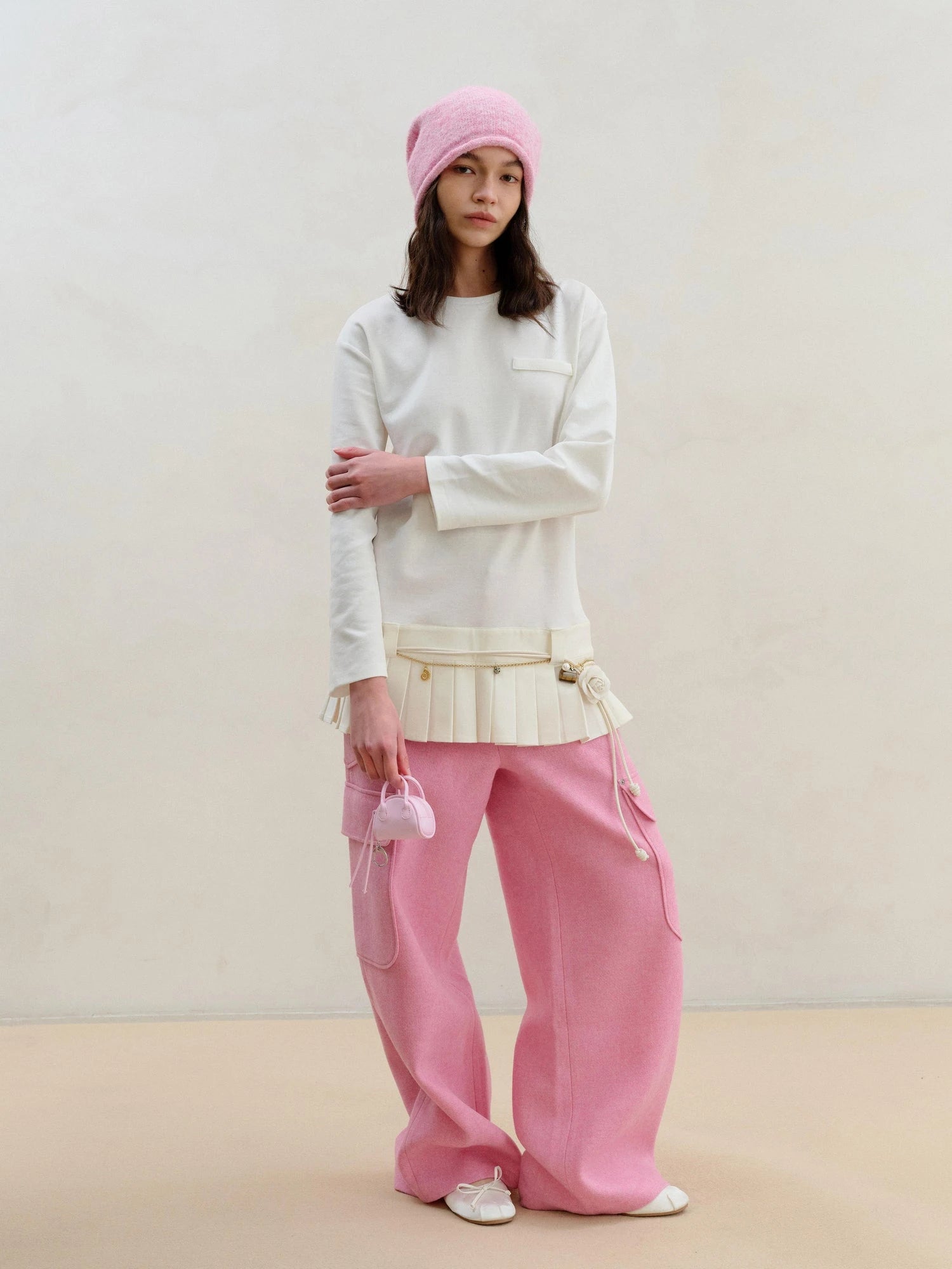 Wool Pink Cargo Pants Multi Pocket Straight Leg Trousers
