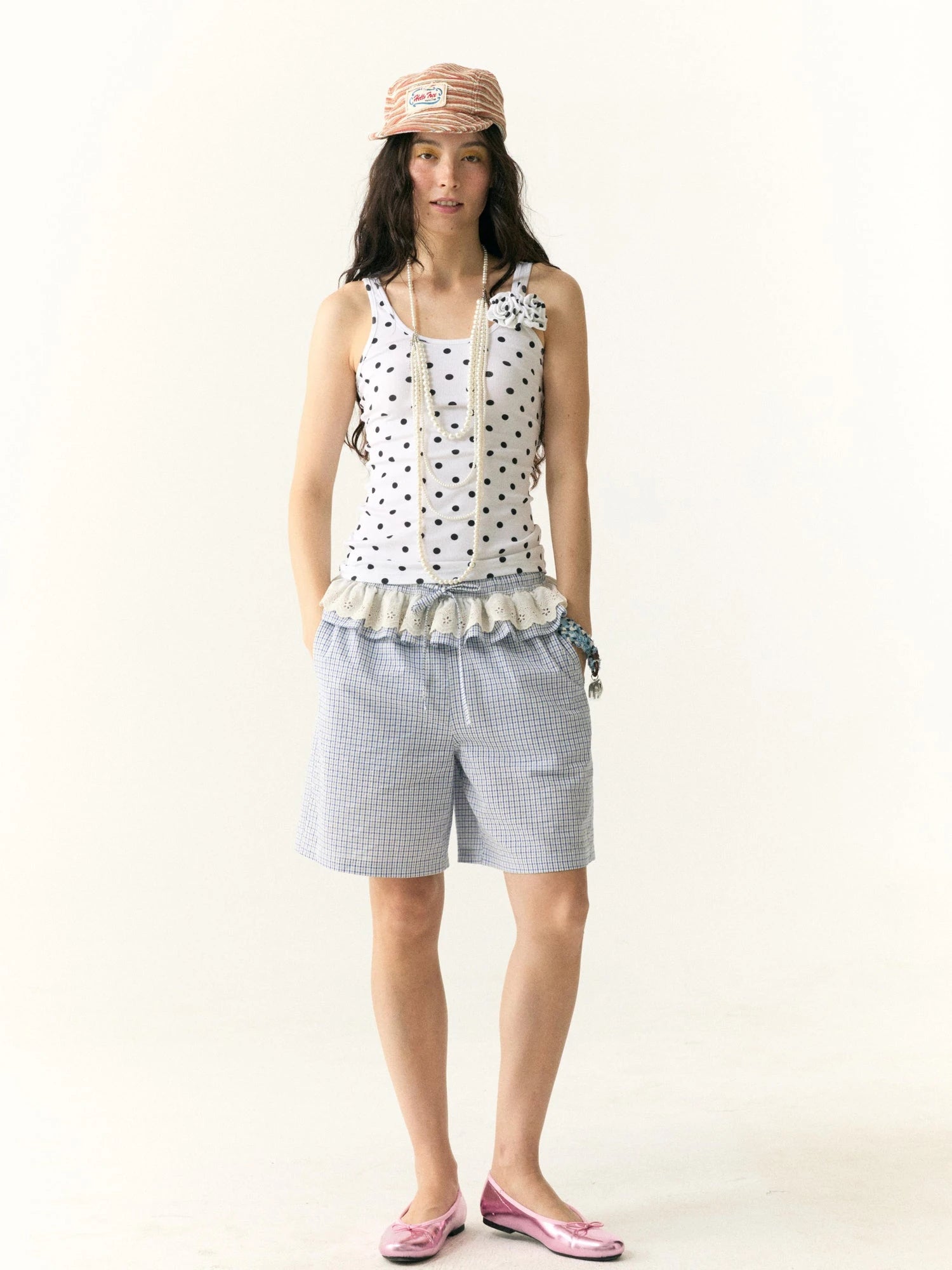 Wrinkled Lace Gingham Cotton Mid Length Shorts
