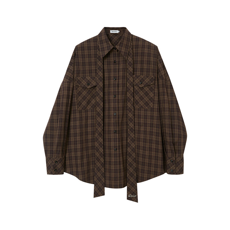 DIDDI MODA Detachable Tie Plaid Shirt Loose Fit Autumn Casual