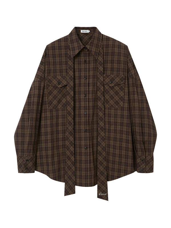 Detachable Tie Plaid Shirt Loose Fit Autumn Casual