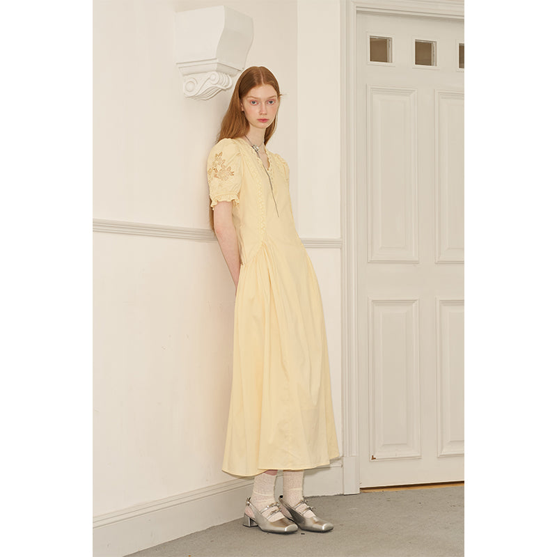 Vintage French Puff Sleeve Lace Trim Embroidered Maxi Dress