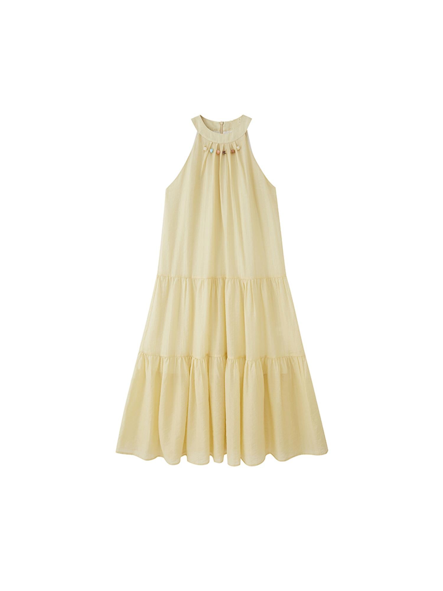 DIDDI MODA Elegant Bow Beaded Halter Dress With Layered Flowy Ribbon
