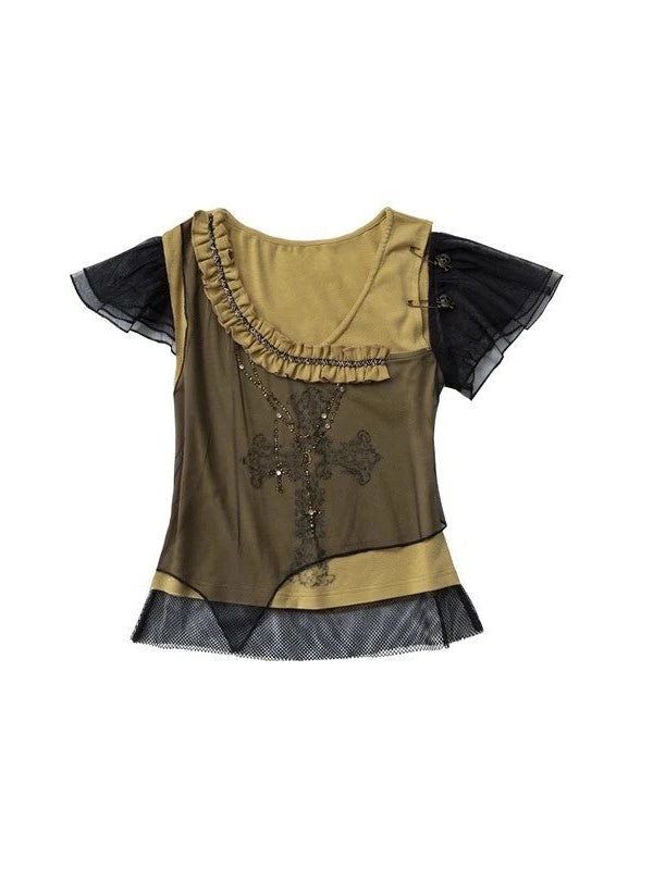 Asym Rock Punk Mesh Rhinestone Print T-Shirt