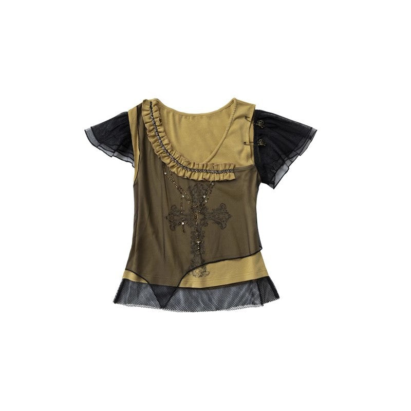 NO ROMANCE禁忌浪漫 Asym Rock Punk Mesh Rhinestone Print T-Shirt