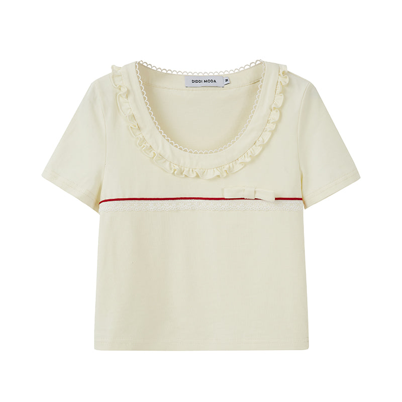 DIDDI MODA Colorblock Lace Collar Knit Crop Tee