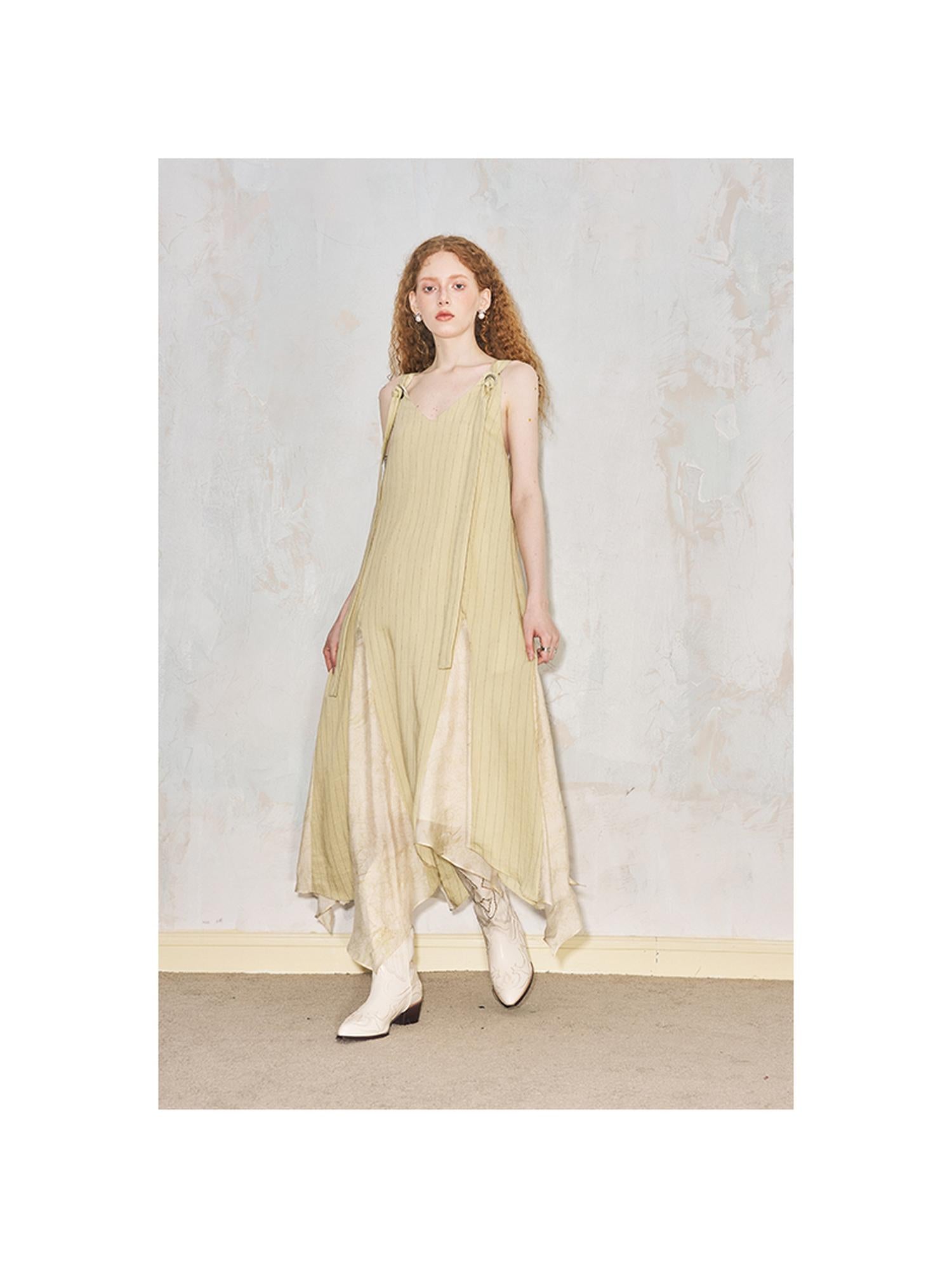 DIDDI MODA Vacation Style Yellow V Neck Asymmetrical Sleeveless Dress