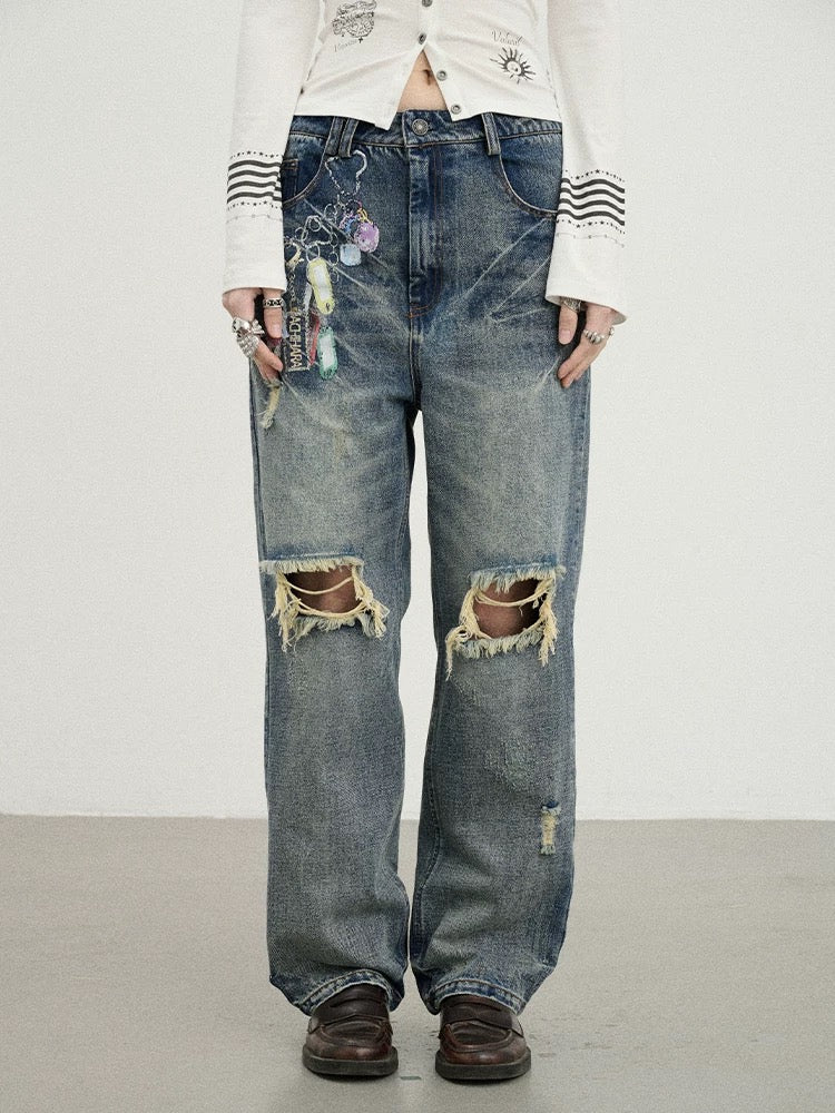 Achihara Spring 2025 Doll Chain Jeans: Edgy Playfulness Meets Vintage Vibes in Wide-Leg Denim