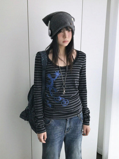 innomoood Gecko Print Striped Lace Square Neck Slim Fit Women&