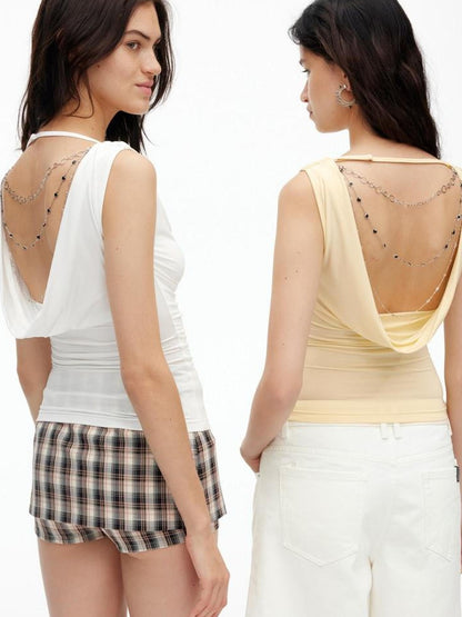 AFTADAWN Cooling Silky Backless Cowl Neck Detachable Chain Ruched Women&
