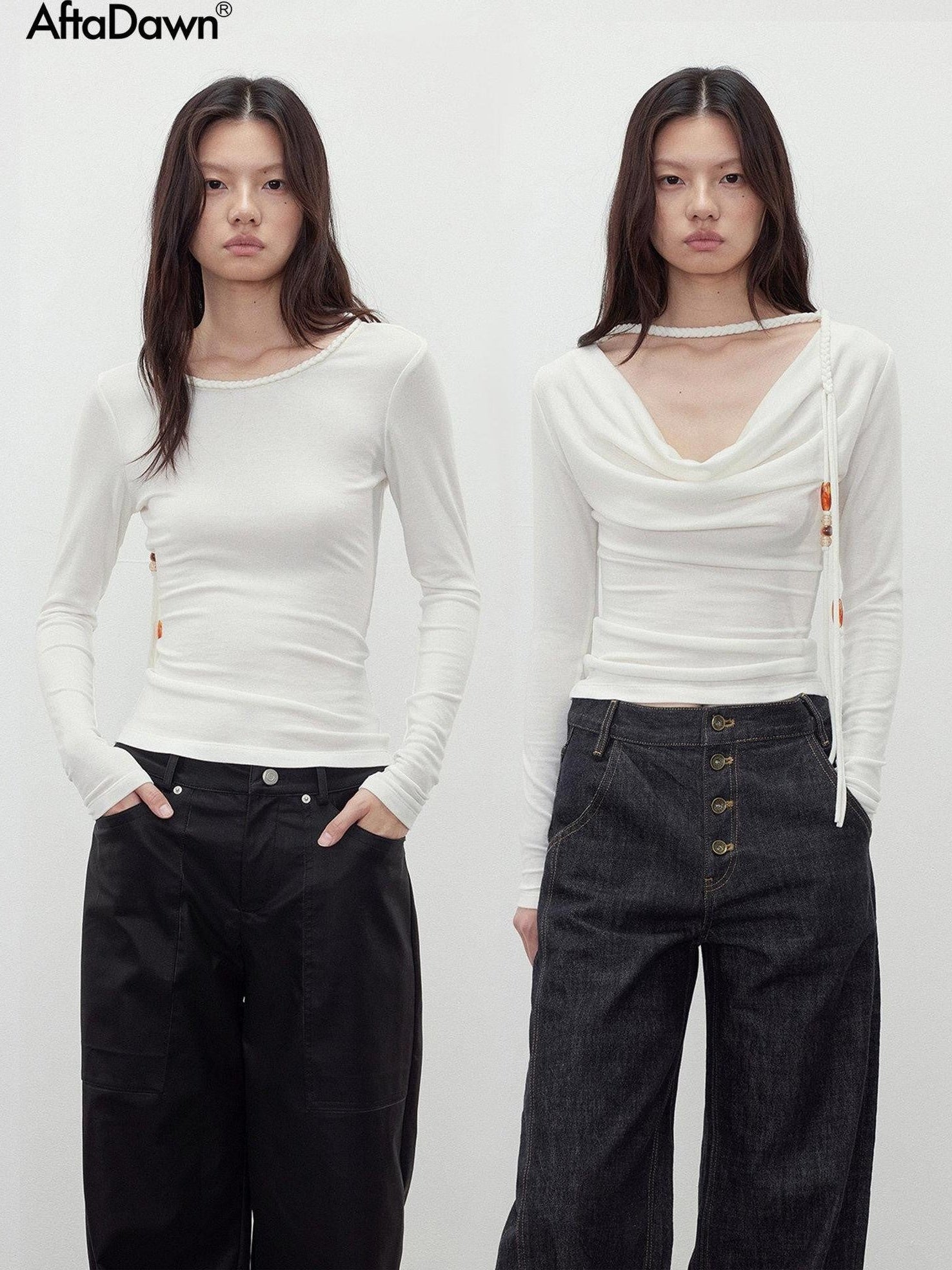 AFTADAWN Reversible Draped Neck Beaded Waist Tie Women&