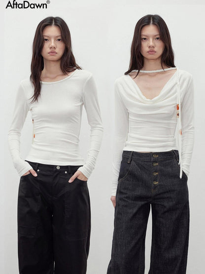 AFTADAWN Reversible Draped Neck Beaded Waist Tie Women&