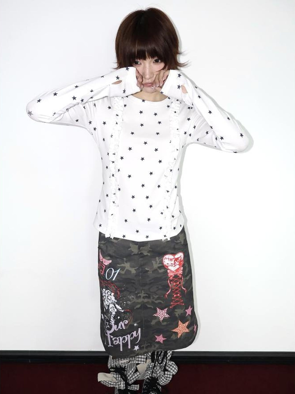 OurHappy Two Tone Star Print Ruffle Thumbhole Women&