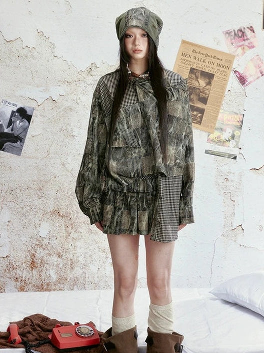 ALL iN plan Vintage Tie Dye Plaid Shirt Skirt Set