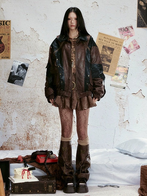 ALL iN plan Vintage Deconstructed Biker Jacket With Studs