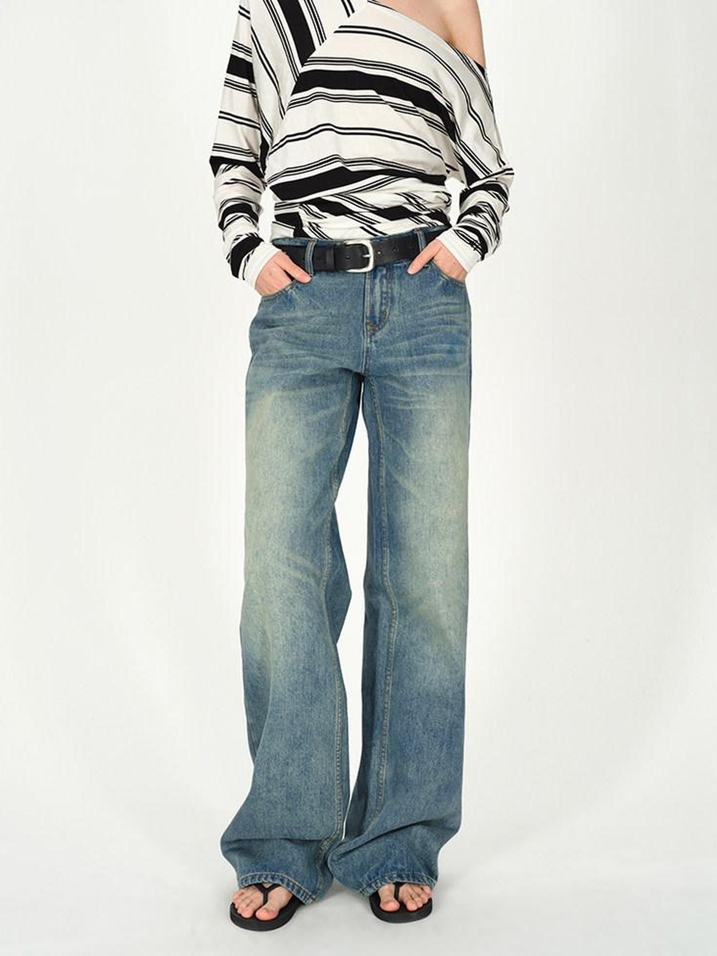 AFTADAWN Vintage Washed Low Rise Wide Loose Women&