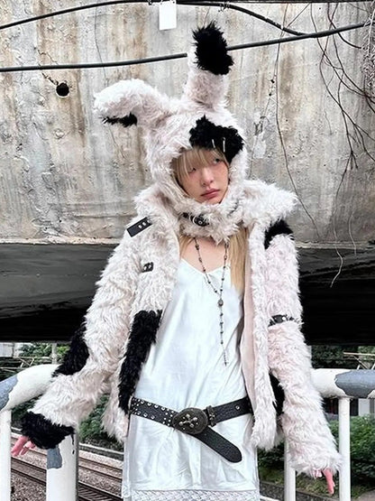 CFIERCE Rebel Rabbit Black White Patchwork Wool Coat