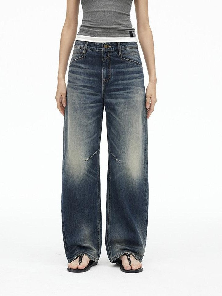 AFTADAWN Deep Blue Washed Low Waist Loose Straight Curved Leg Women&