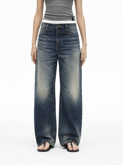 AFTADAWN Deep Blue Washed Low Waist Loose Straight Curved Leg Women&