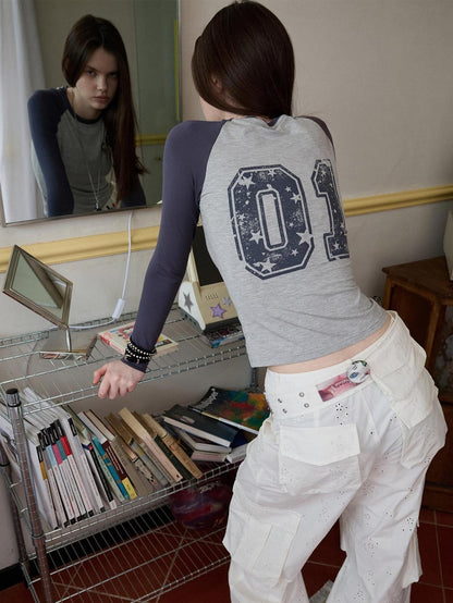 1JINN STUDIO Number Print Colorblock Ripped Raglan Crewneck Women&