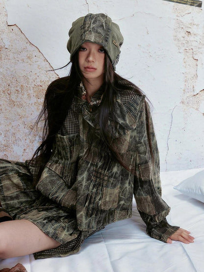 ALL iN plan Vintage Tie Dye Plaid Shirt Skirt Set