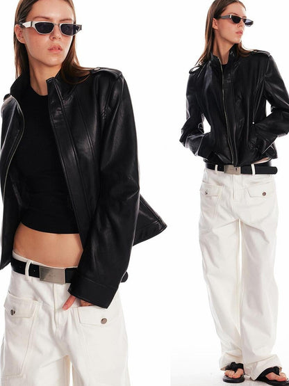 ALINNV Black Studded Stand Collar Slim Fit Pu Women&