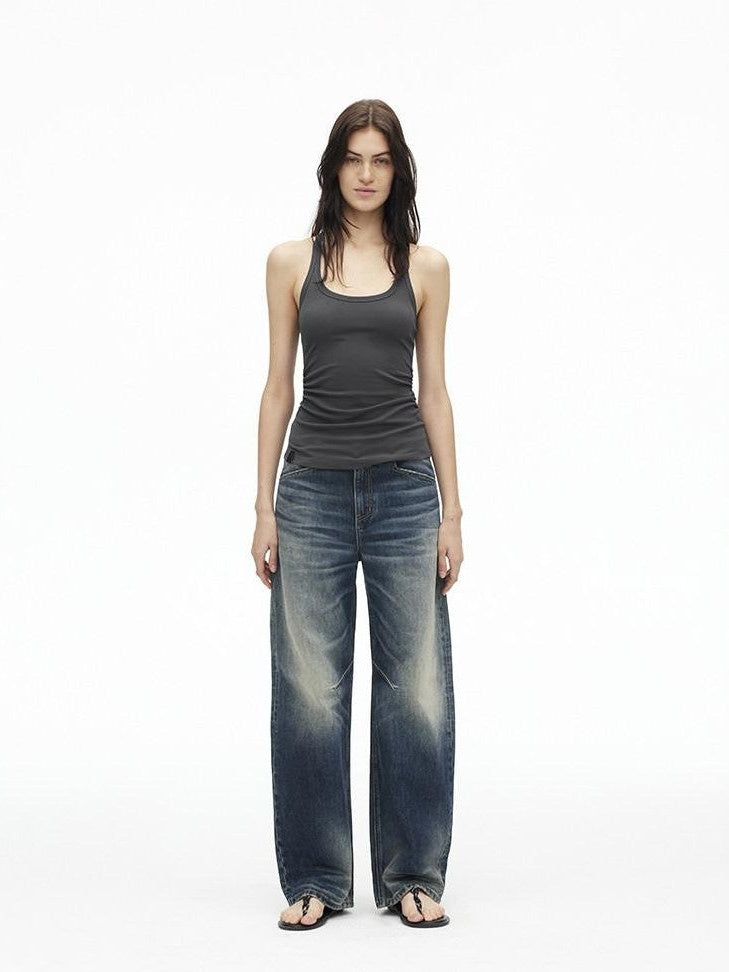 AFTADAWN Deep Blue Washed Low Waist Loose Straight Curved Leg Women&