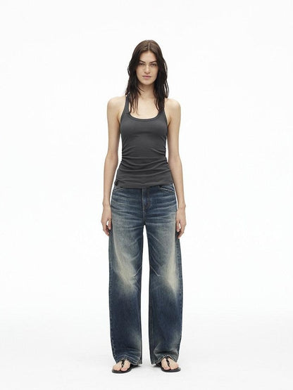 AFTADAWN Deep Blue Washed Low Waist Loose Straight Curved Leg Women&