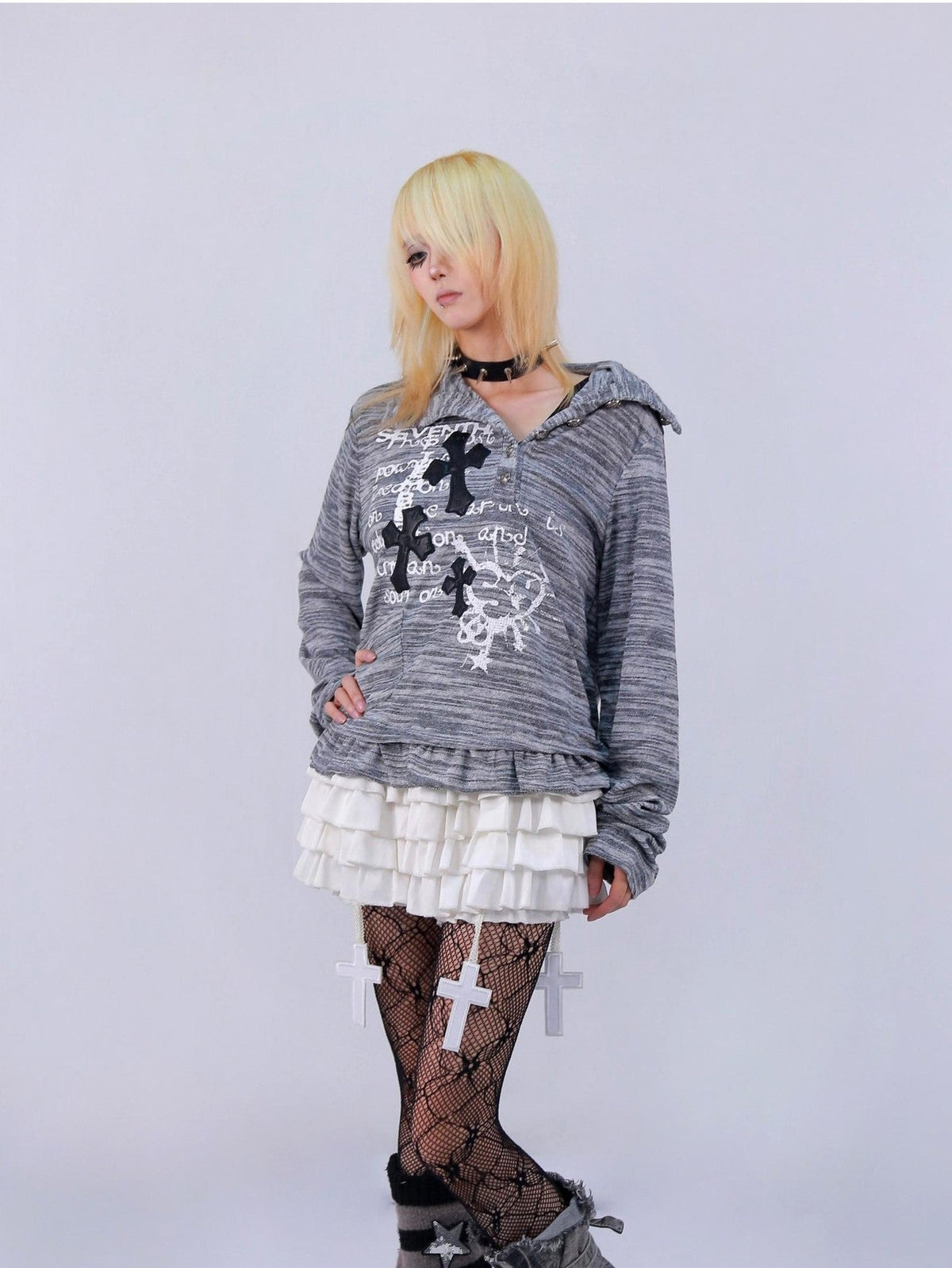 NANAICHILLI Grey Marled Half Button Ruffle Stand Collar Women&