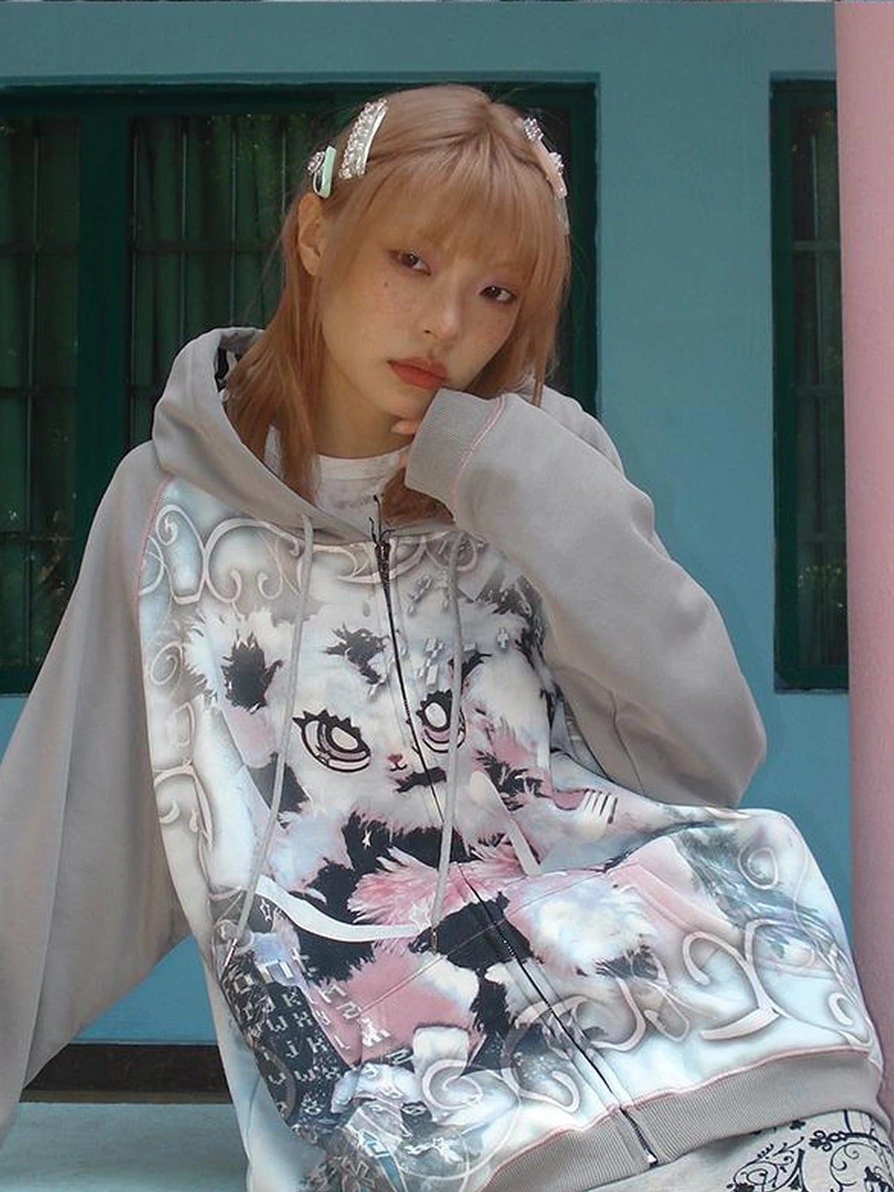 CFIERCE Cute Rabbit Print Loose Hooded Sweatshirt