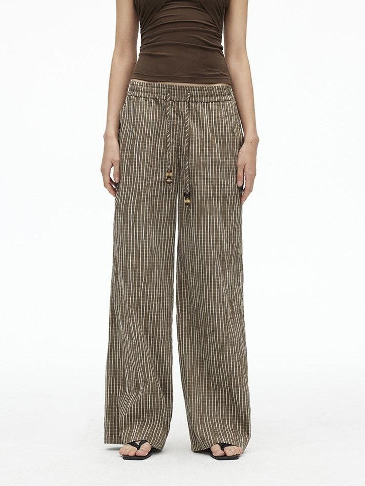 AFTADAWN Vertical Check Textured Beaded Drawstring Women&
