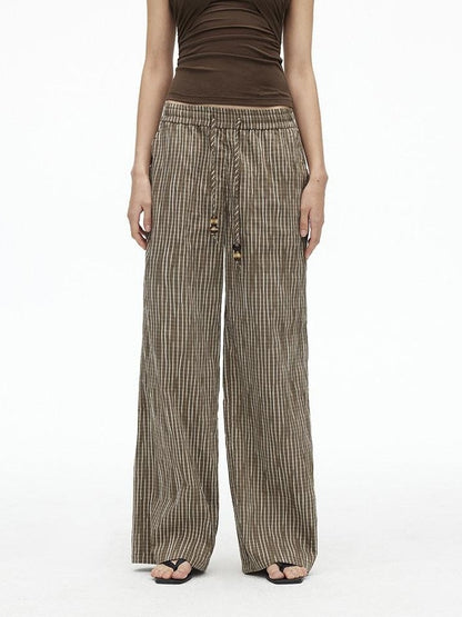 AFTADAWN Vertical Check Textured Beaded Drawstring Women&