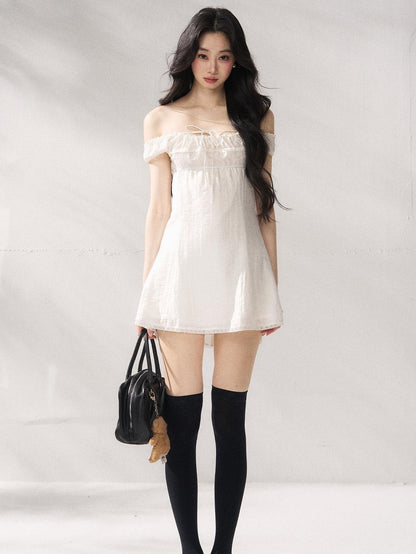 7Shiftin Cinched Tie Waist Minimalist Sleeveless A Line Women White Mini Dresses