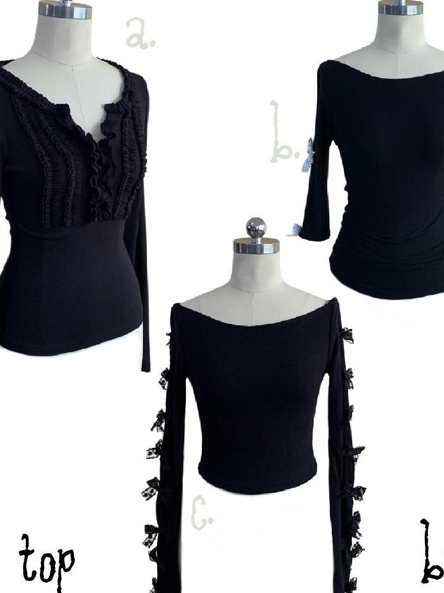 bae bi Black Polka Dot Lace Bow V-neck Women&