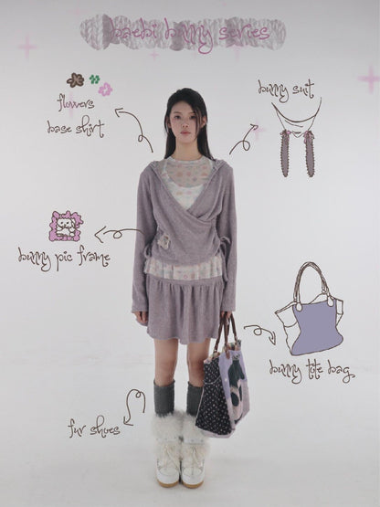 bae bi Bunny Ears Cross Neck Handstitched Lace Bow Women&