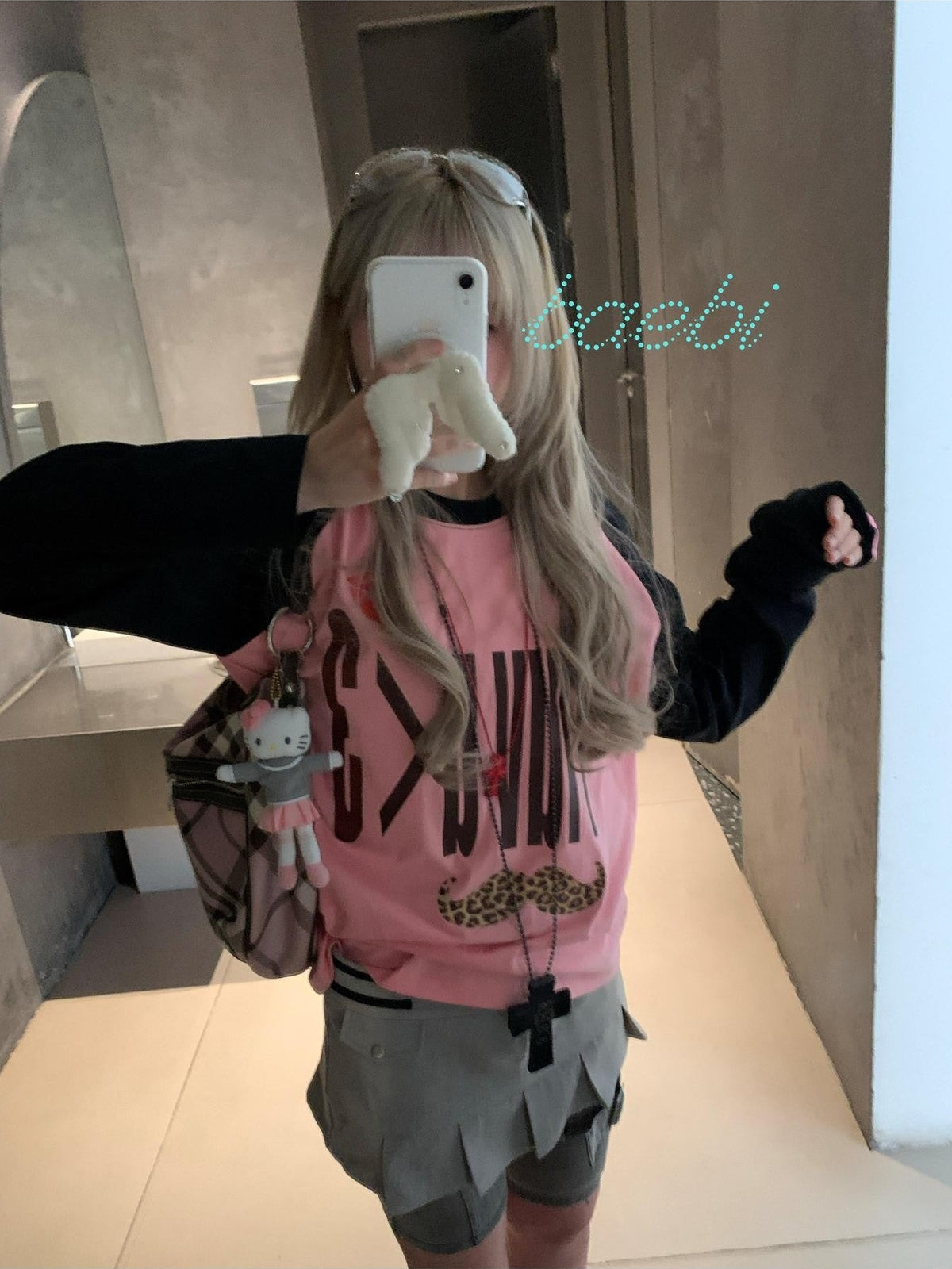 bae bi Retro Letter Leopard Print Raglan Colorblock Women&