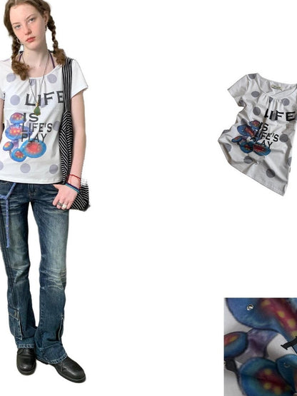 Achihara Polka Dot Mushroom Print Ruched Neck Women&