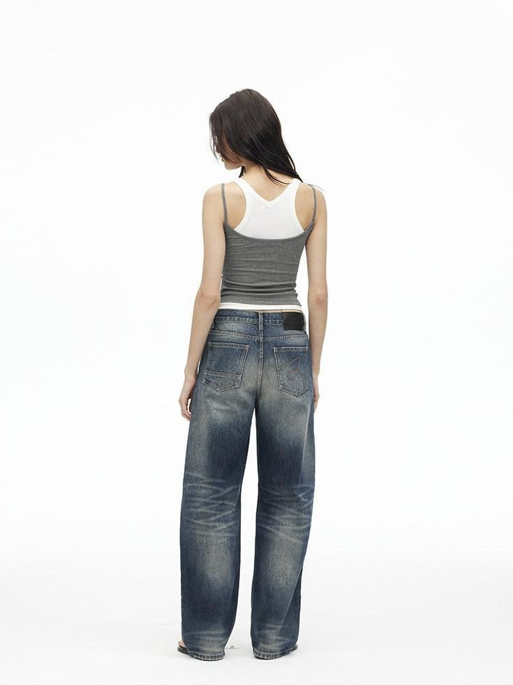 AFTADAWN Deep Blue Washed Low Waist Loose Straight Curved Leg Women&