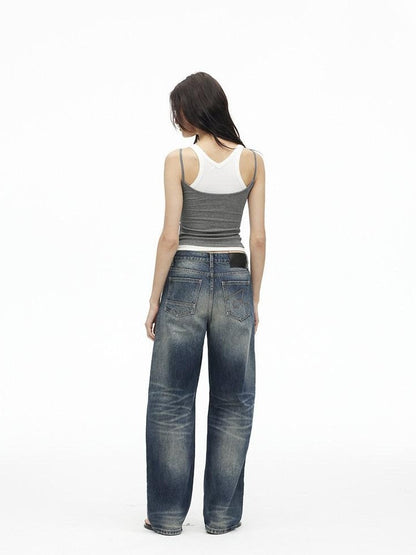 AFTADAWN Deep Blue Washed Low Waist Loose Straight Curved Leg Women&