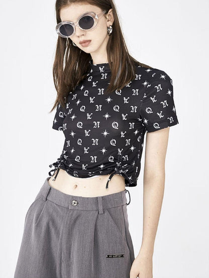 ANYQUESTION Black White Letter Print Drawstring Short Sleeve Women&