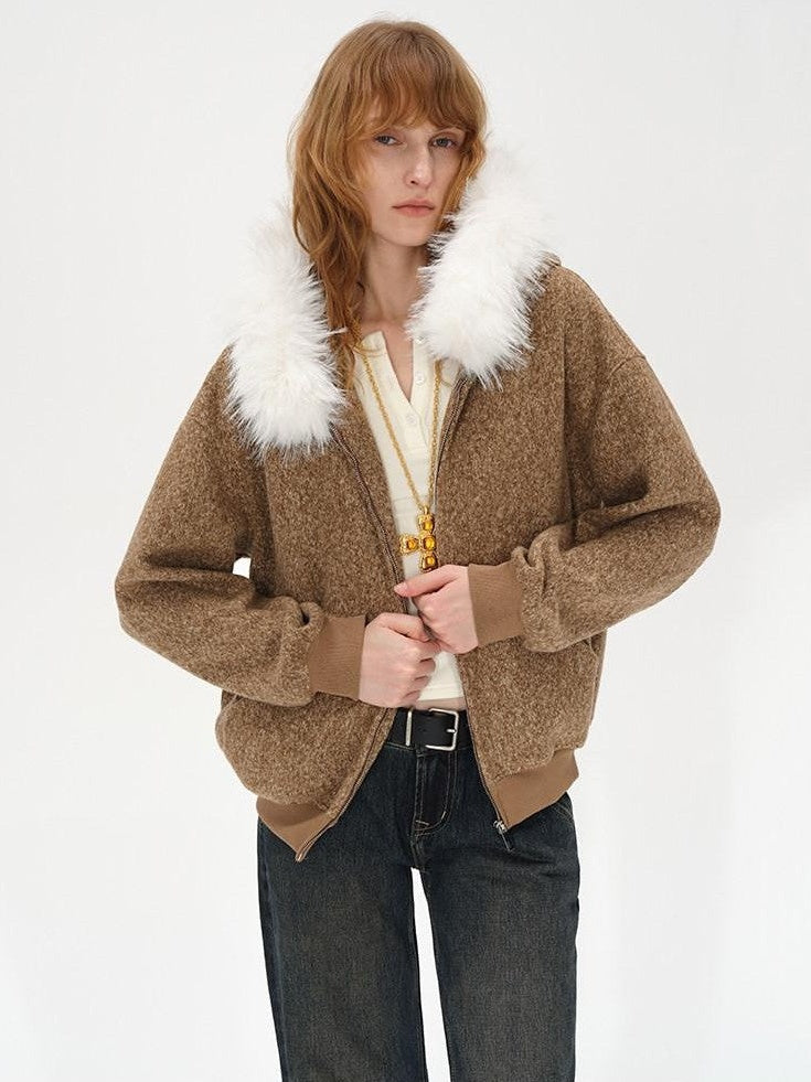 AFTADAWN Textured Woven Detachable Fur Collar Zipper Women&