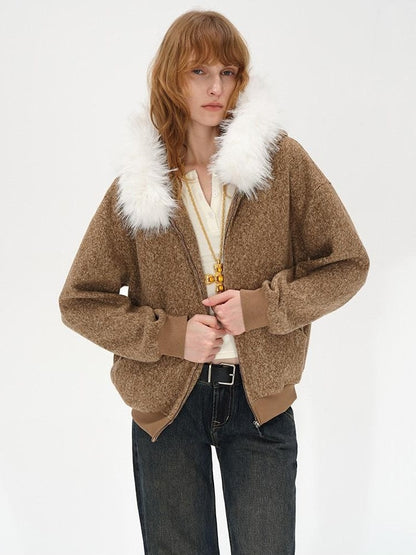 AFTADAWN Textured Woven Detachable Fur Collar Zipper Women&