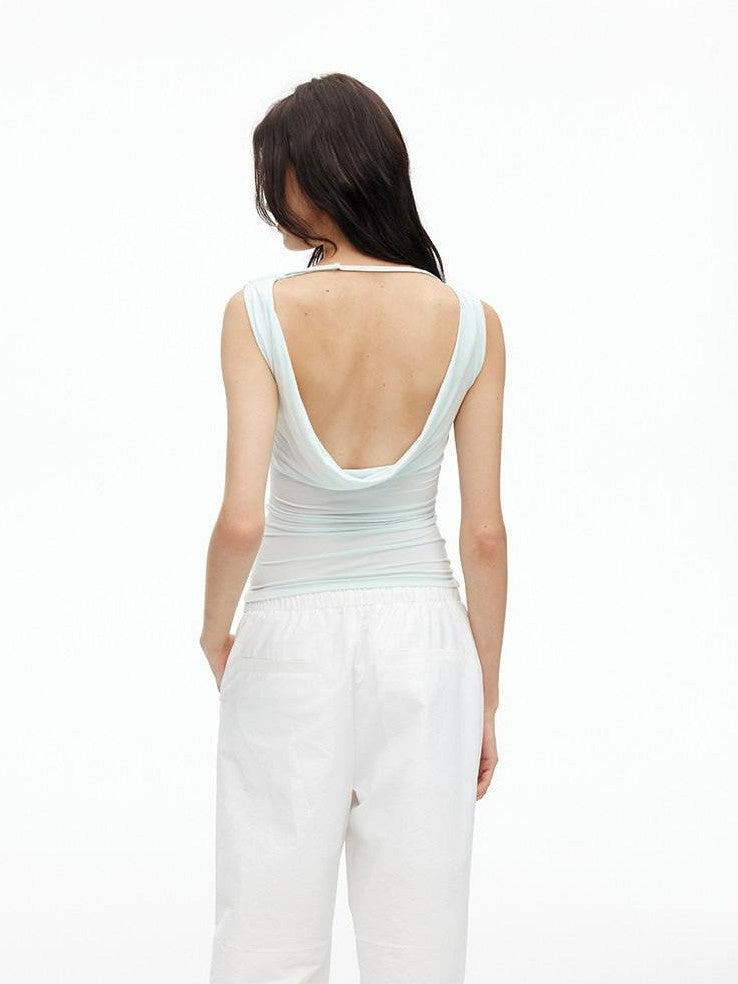 AFTADAWN Cooling Silky Backless Cowl Neck Detachable Chain Ruched Women&