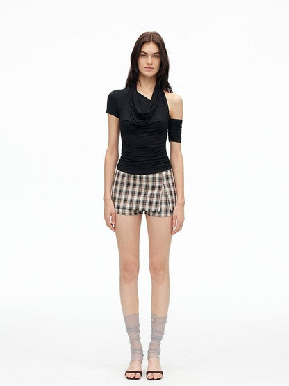 AFTADAWN Solid Ruched Halter Slanted Shoulder Women&