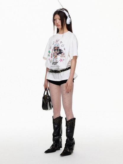 BETWEENAND Two Tone Illustration Print Half High Neck Women&